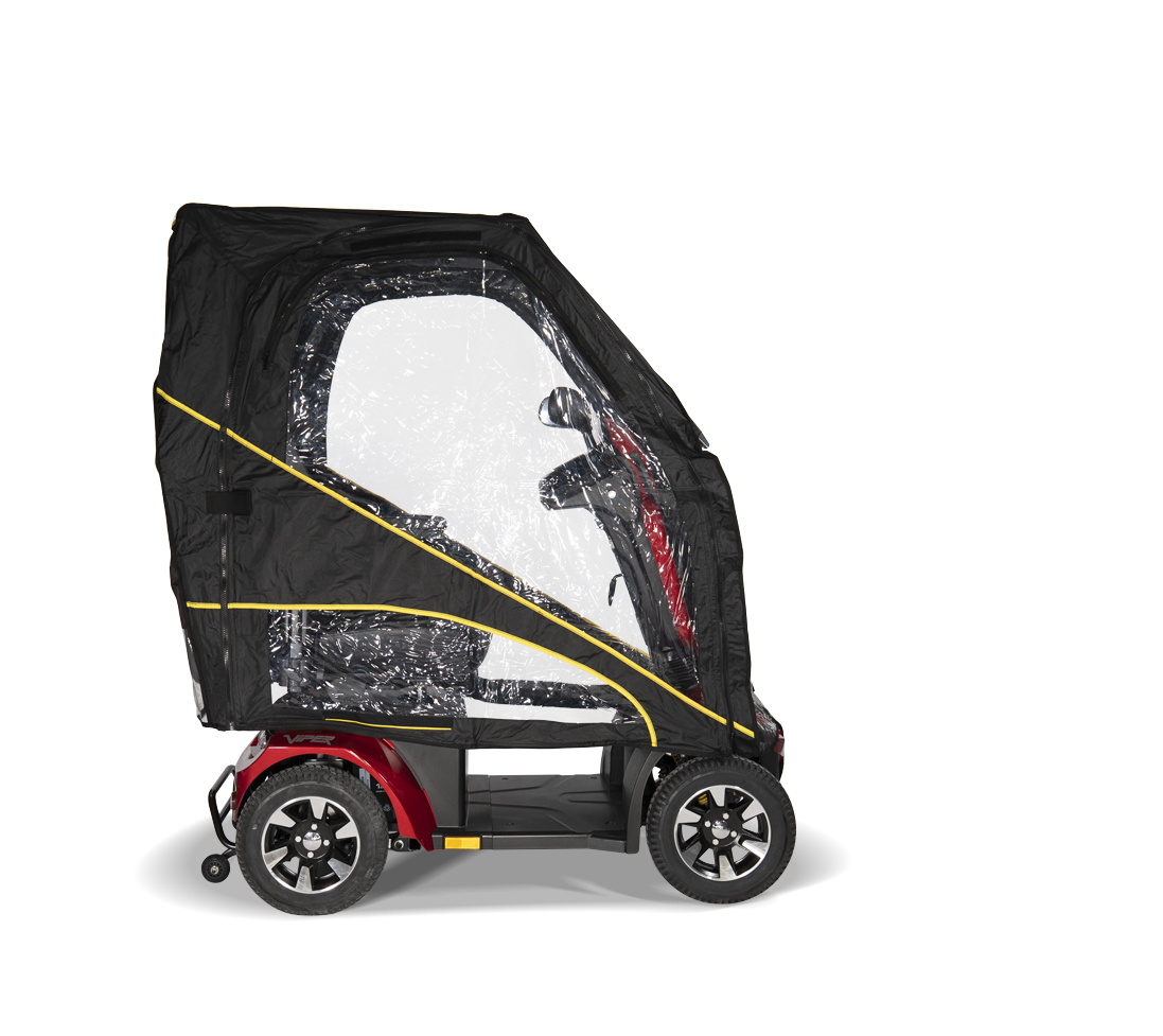 side view of the Scooterpac Universal Foldaway mobility scooter Canopy. automated Rain protection