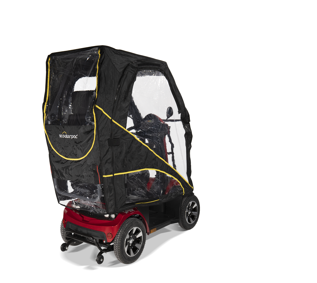 rear view of Scooterpac Universal Foldaway mobility scooter Canopy. automated Rain protection